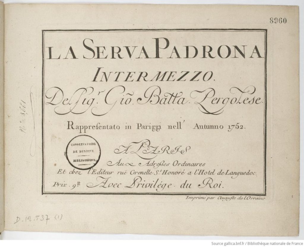 Engraved title page of the 1752 libretto of La Serva Padrona, performed in Paris.