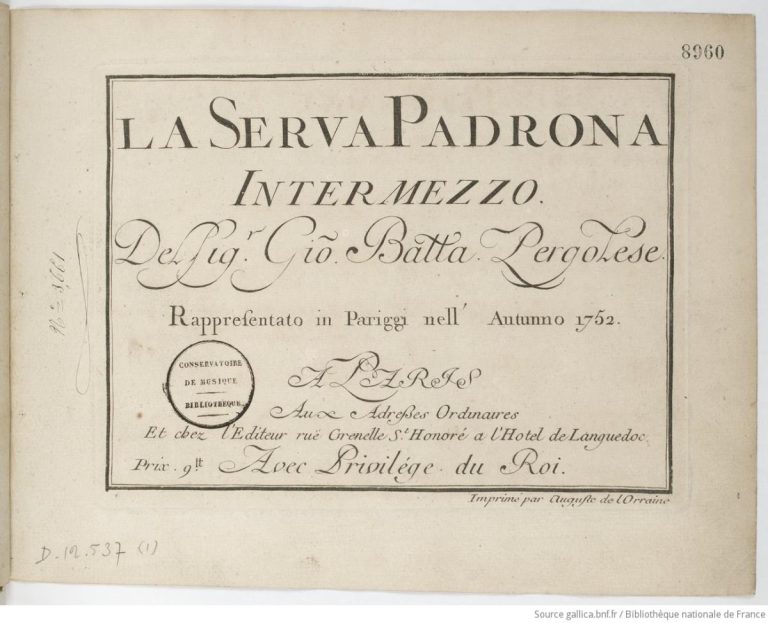 Engraved title page of the 1752 libretto of La Serva Padrona, performed in Paris.